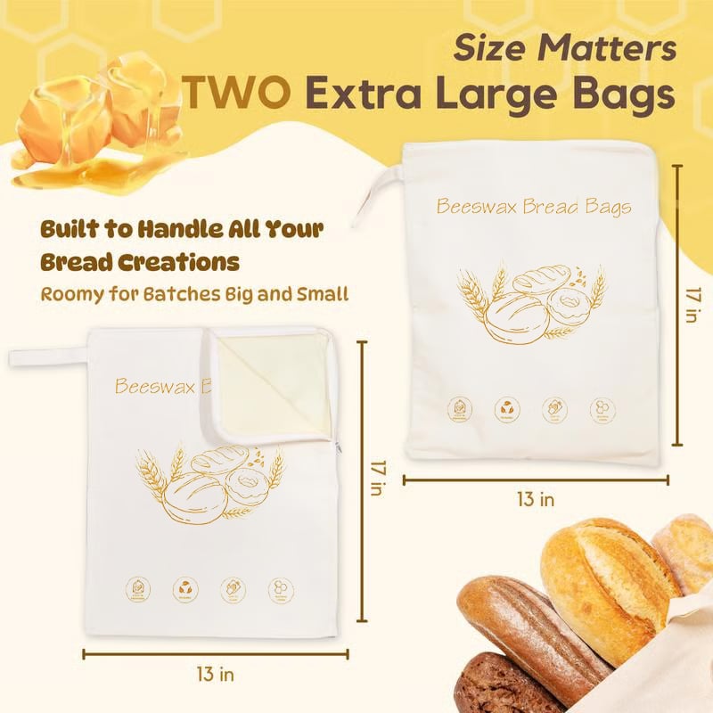 🔥𝑳𝑨𝑺𝑻 𝑫𝑨𝒀 𝟒𝟗% 𝑶𝑭𝑭🍞Wide Zipper Access Cotton & Beeswax Bread Bags for Sourdough